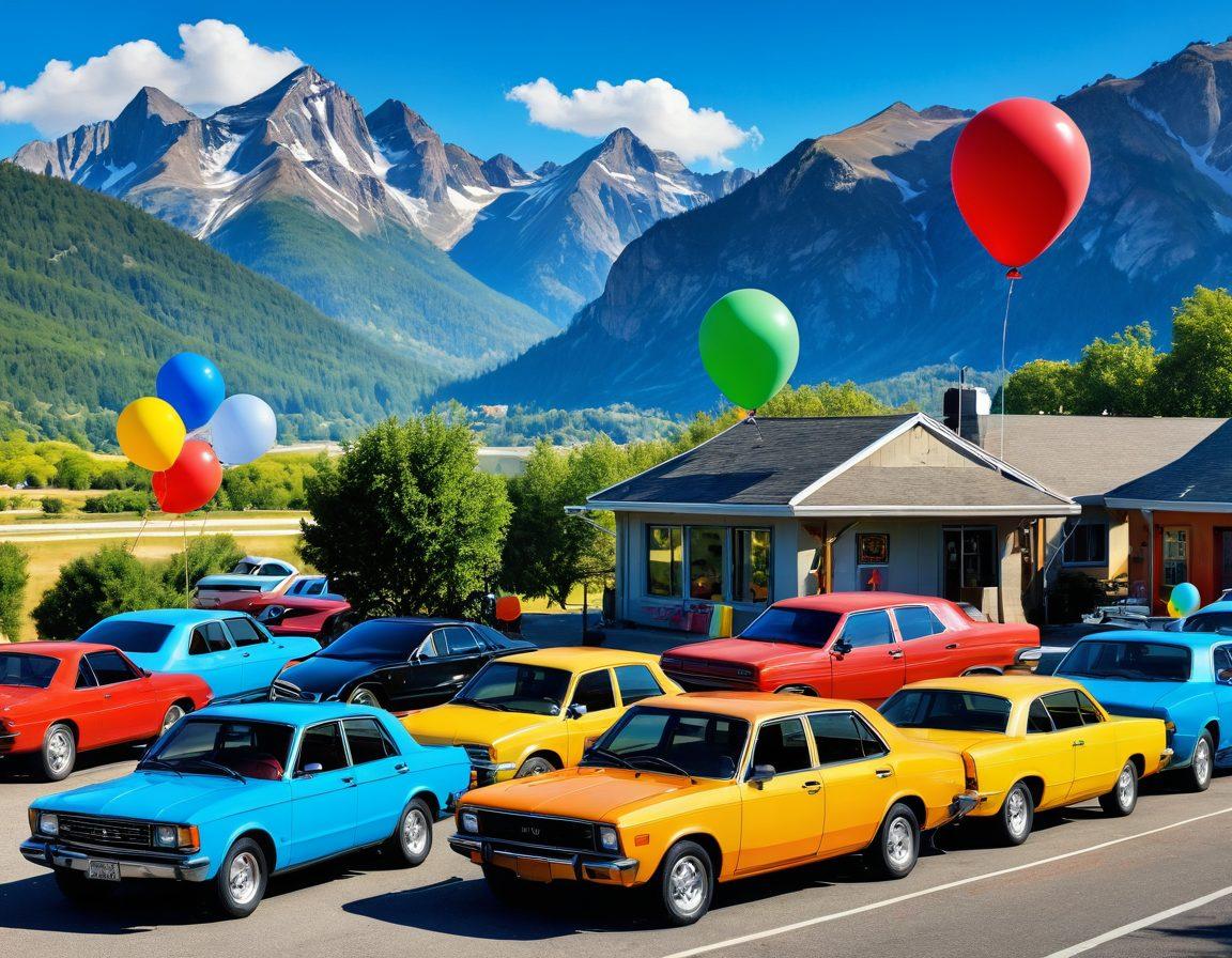 A bright and cheerful scene featuring an array of colorful rental cars parked in front of a scenic landscape that includes mountains and a blue sky. Incorporate playful elements like balloons tied to the car antennas, happy families loading their luggage, and a vibrant sun shining down. The image should evoke a sense of excitement and adventure. super-realistic. vibrant colors. sunny day.