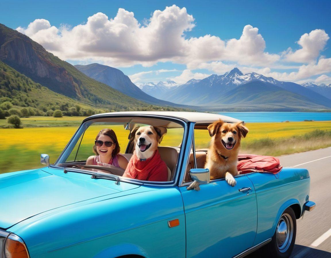 A vibrant scene depicting a family embarking on a cheerful road trip in a colorful, modern leased car, surrounded by beautiful landscapes like mountains and beaches, with joyful expressions on their faces. The sky is bright blue with fluffy clouds, and a playful dog is seen sticking its head out of the car window. Include elements like road signs pointing to fun destinations. colorful and cheerful. super-realistic.