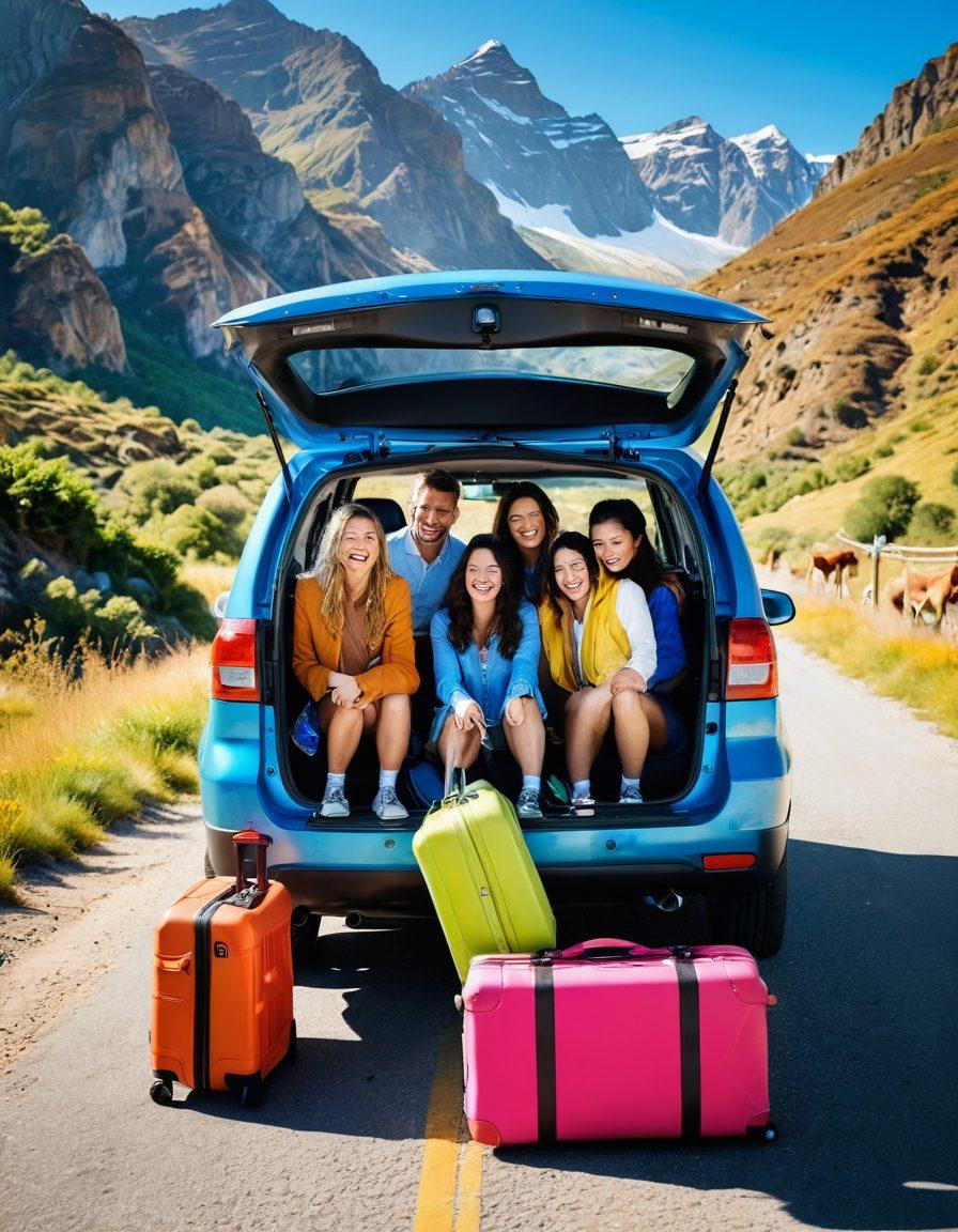 A cheerful group of friends loading colorful luggage into a vibrant rental vehicle, surrounded by scenic landscapes full of mountains and clear blue skies. They are laughing and sharing stories, embodying the spirit of adventure. Include elements of road signs indicating various fun destinations in the background. Capture the excitement of exploration and joy in the moment. super-realistic. vibrant colors. outdoors.